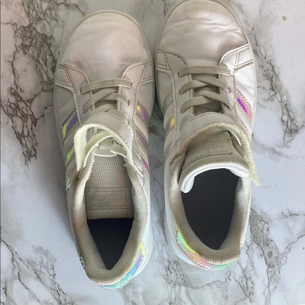 Adidas Originals Superstar Kids White Sneakers with Iridescent Blue Stripes